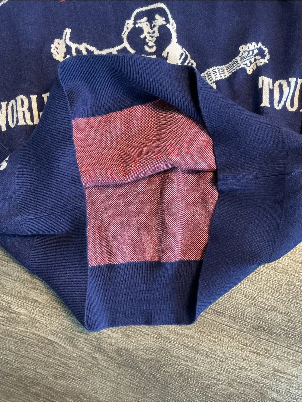 True Religion Navy Crewneck Sweater with White and Red Graphic